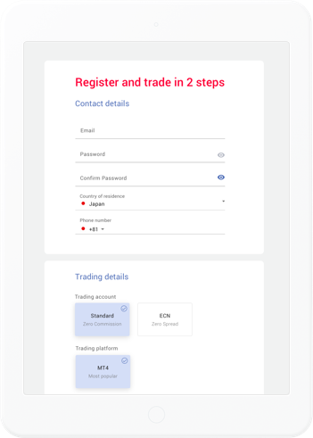 The FXcess onboarding page with the words register and trade in two steps