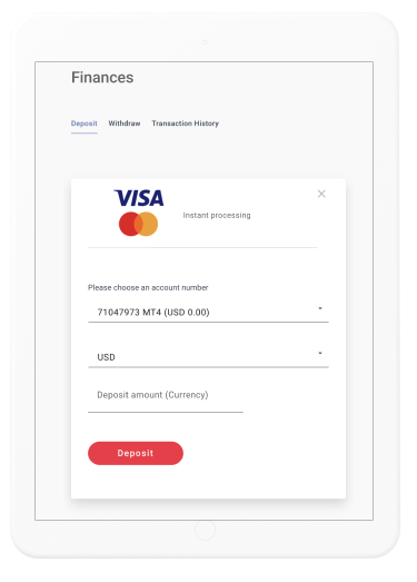 The FXcess finances page showing a VISA logo for depositing or withdrawing funds