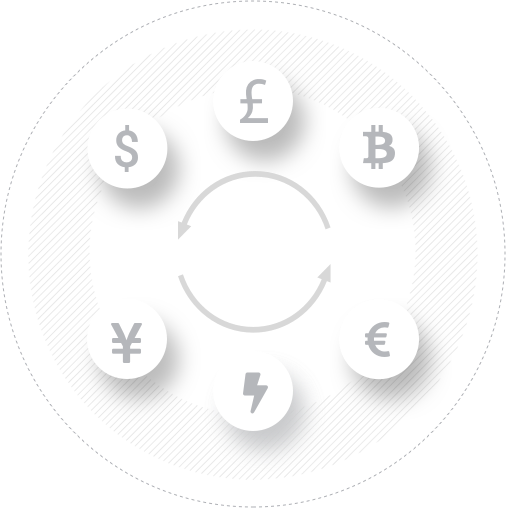 un círculo gris con varios símbolos de divisa, como EUR y USD, en referencia al trading de forex