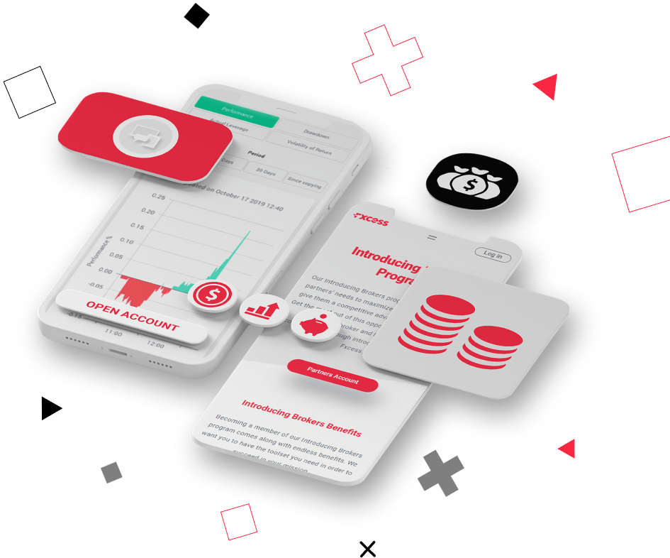 two mobiles phones with coins and stats indicating the best performing trader