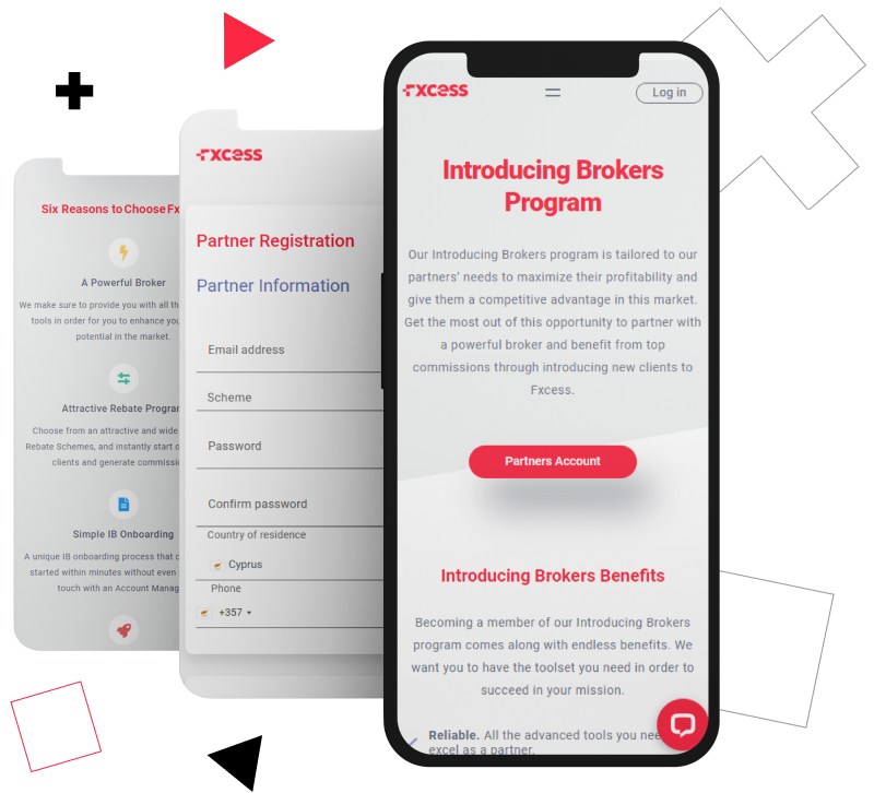 three mobile screens with red fxcess colour depicting the trusted broker