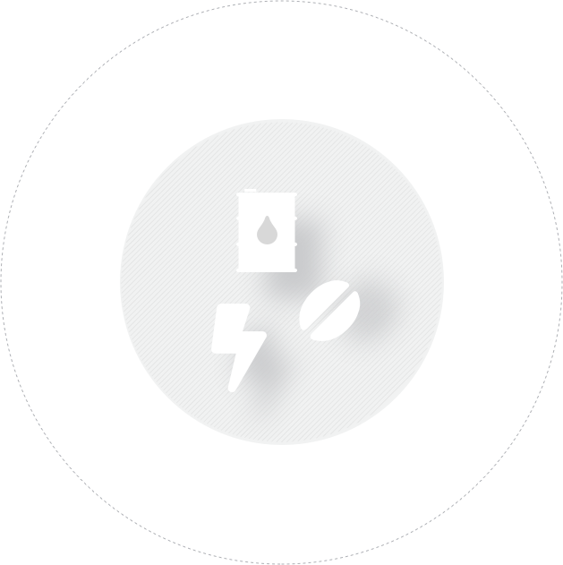 a grey circle with a lightning symbol, a coffee bean and a crude oil barrel indicating commodtiies trading