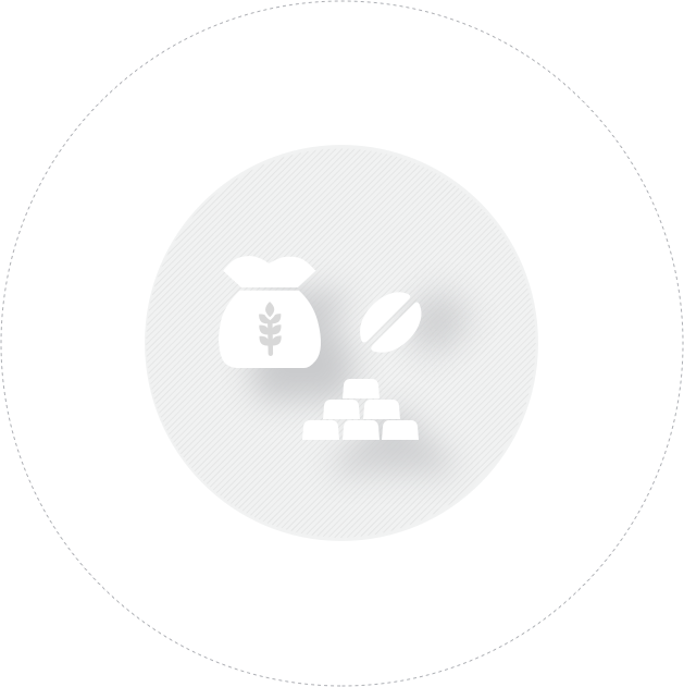 A white circle that includes a bag of wheat, a coffee bean and bars of gold referring to what is futures trading and US index