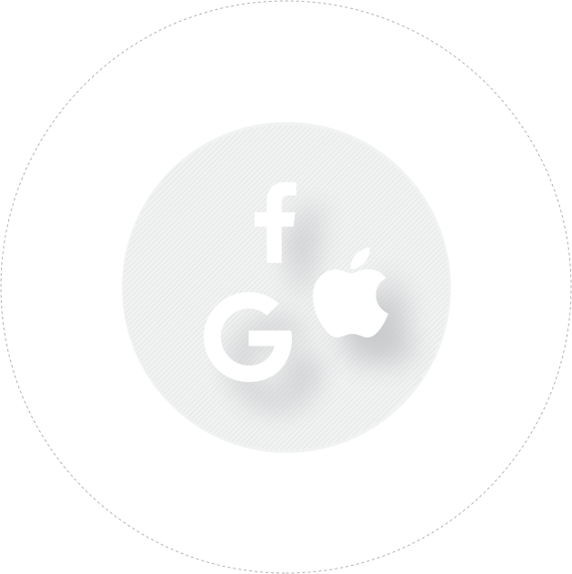 A white circle that includes the symbols of Facebook, Google and Apple and refers to what is shares trading