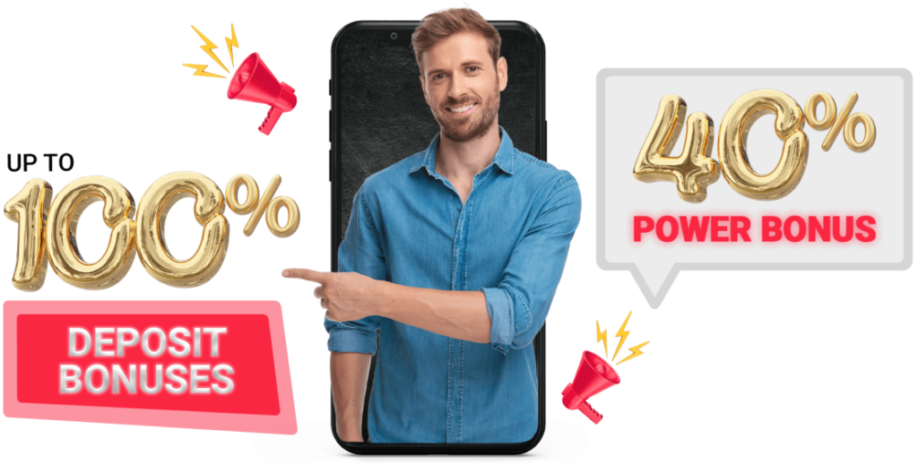 a male figure pointing to the 100% and 40% bonus referring to the fxcess promotions page