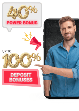 a male figure pointing to the 100% and 40% bonus referring to the fxcess promotions mobile page