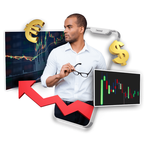 a man with screens and a usd and euro currency symbol representing the PMAM platform