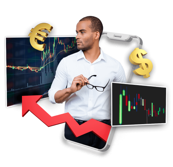 un hombre rodeado de pantallas y los símbolos del euro y del dólar, en referencia a la plataforma PMAM