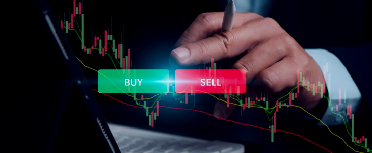 Visual representation of stock market trading, emphasizing buy and sell activities, particularly in the forex market.