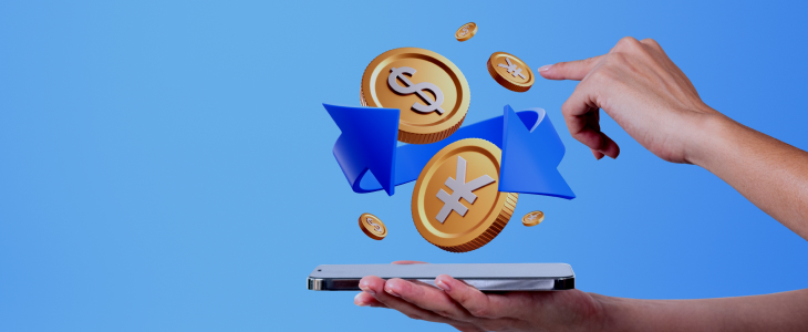 A hand holding a smartphone displaying currency symbols and coins, symbolizing profit in forex trading.