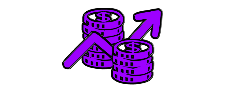 Purple icon depicting stacks of money with an upward arrow, symbolizing profit in forex trading.