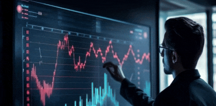 A suited man gestures towards a forex chart, highlighting key data points with his finger.