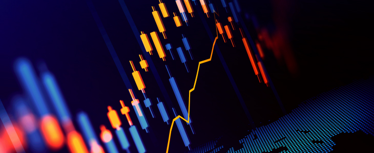 A stock chart on a dark background, highlighting various market movements and data points.