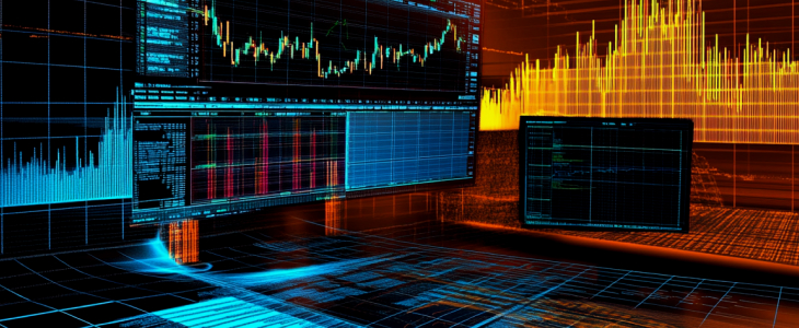 A computer screen displaying a stock chart with fluctuating lines and data points.