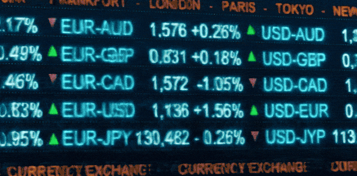 A digital screen showing fluctuating prices of various currencies in real-time.