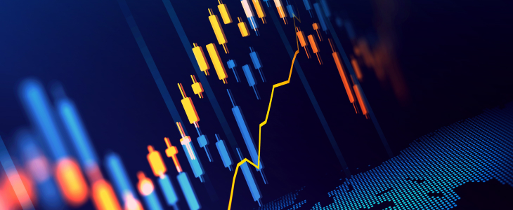 Stock chart displayed on a blue background, illustrating market trends and fluctuations over time.