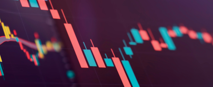 Close-up view of a stock chart displaying fluctuating prices and trends over time.