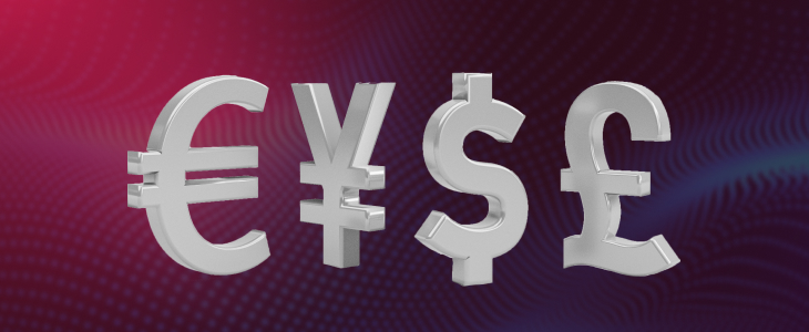 3D illustration featuring the euro and pound sterling currency symbols in a dynamic design.