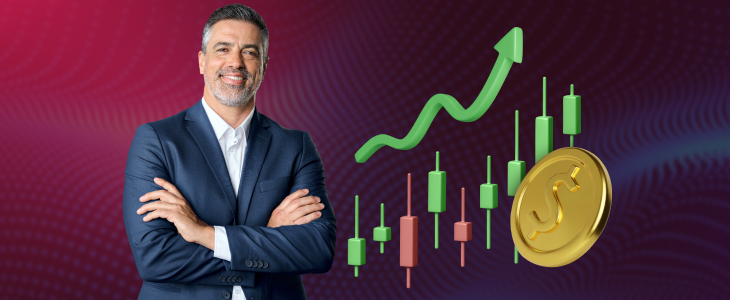 A suited man displays a coin and an upward arrow, representing economic progress and financial aspirations.