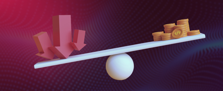 A seesaw balancing a stack of money on one side and a pile of coins on the other, symbolizing financial equilibrium.