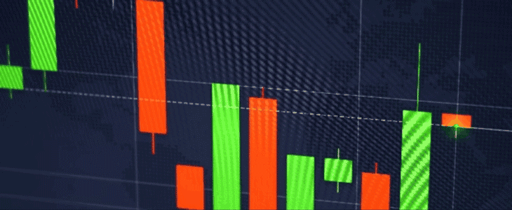 Forex trading chart displaying green and orange bars, indicating price movements and trends in the market.