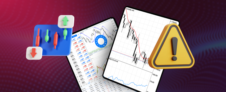 Two smartphones display a warning sign alongside a stock chart, indicating potential market volatility or alerts.