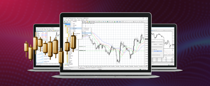 A trio of laptops featuring the phrase "forex trading" prominently on their displays.