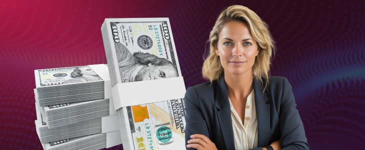 A woman in a business suit holds multiple stacks of cash, exuding confidence and professionalism.