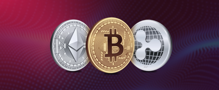 Three distinct bitcoin and ether coins displayed together, showcasing their unique designs and features.