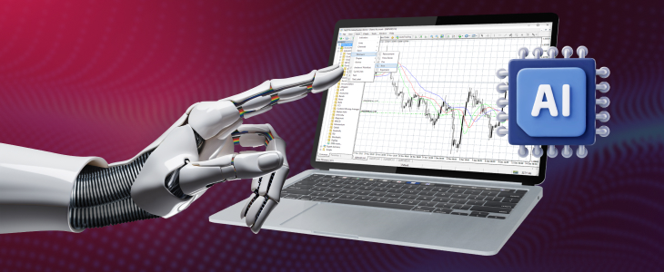 A robotic hand is gently touching a laptop displaying the word "AI" on its screen.