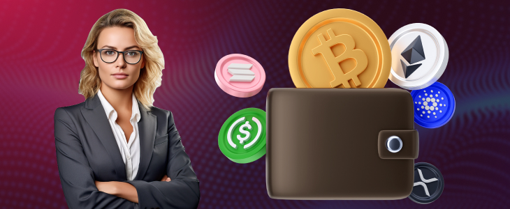 A woman in glasses and a suit holds a wallet displaying bitcoin and various coins, symbolizing digital currency investment.