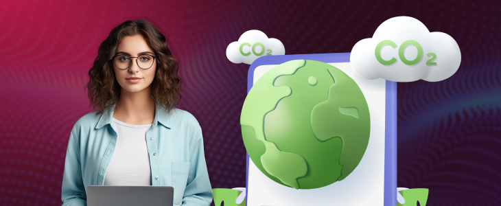 Woman holding a laptop displaying CO2 levels and a cloud graphic, symbolizing environmental awareness and technology.