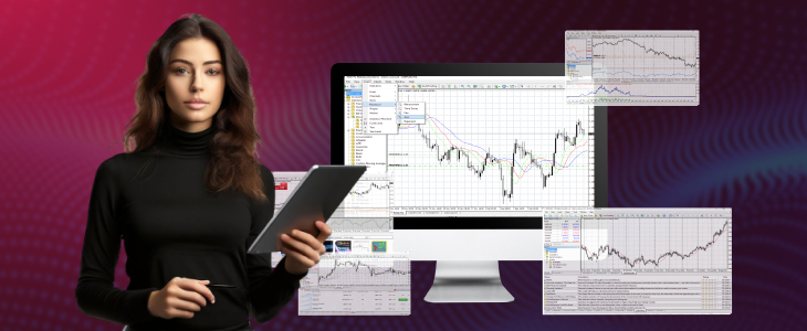 A woman holds a tablet while viewing a monitor displaying a stock chart related to forex market microstructure.