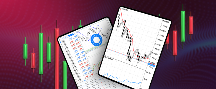 Two digital tablets displaying forex trading charts and market data, with green and red candlestick patterns in the background symbolizing market trends.