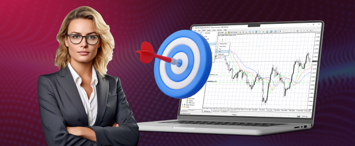 A businesswoman in a suit holds a laptop with a target, symbolizing focus on forex sector rotation strategies.