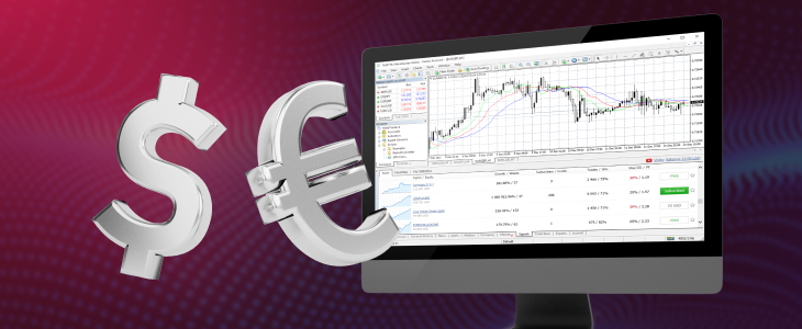 Computer screen displaying forex trading charts on MT4 platform with large silver dollar and euro currency symbols in the foreground.