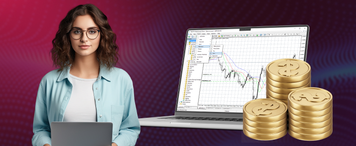 Woman with laptop standing next to a screen showing forex trading charts, with stacks of gold coins symbolizing currency and investment.