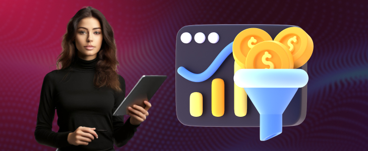 A woman holds a tablet displaying money and a funnel, symbolizing social media signals and financial growth strategies.