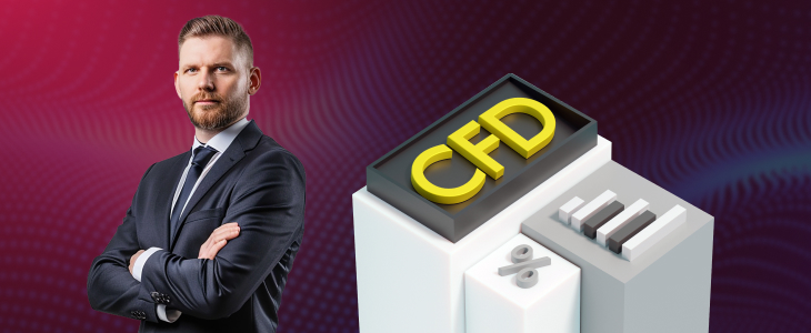 A man in a suit stands beside a box labeled 'CFD', representing thematic trading concepts.