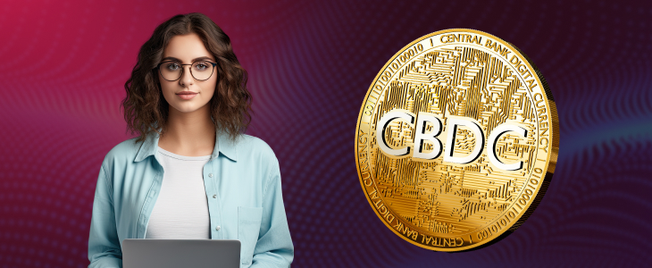 A woman holds a laptop displaying the CBDC logo, showcasing technology and digital finance innovation.