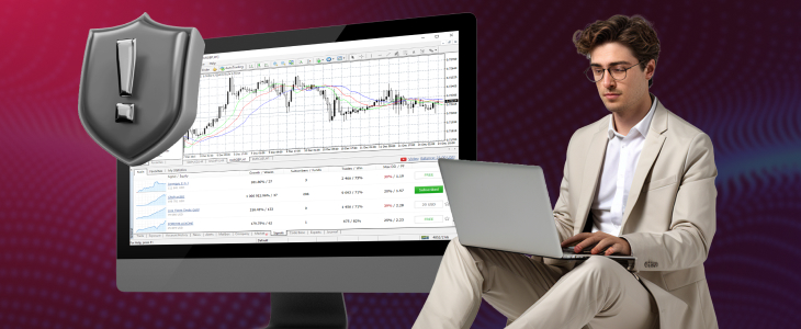 A man in a suit analyzes a stock chart displayed on a computer screen while seated at a desk.
