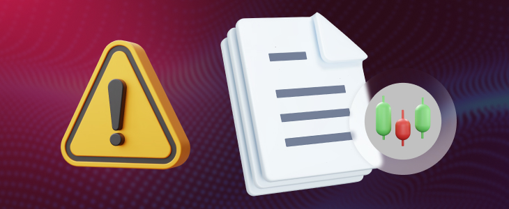 A yellow caution sign next to a document featuring a red circle, indicating a warning on forex trading