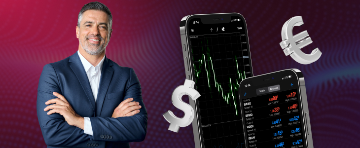 A man in a suit holds a phone displaying a currency symbol, suggesting a financial transaction or investment.