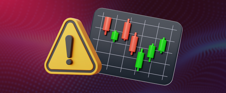 Warning sign next to a candlestick chart with red and green bars, representing risk management in forex trading.