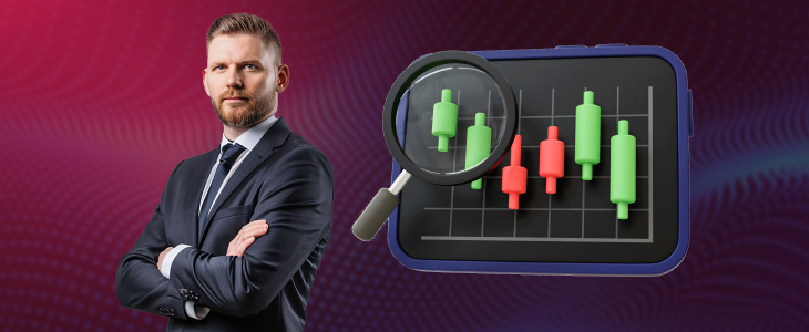 Businessman standing confidently next to a tablet screen showing candlestick charts with a magnifying glass, symbolizing forex risk management.