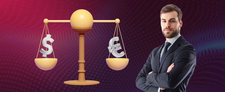 Confident businessman standing next to a golden balance scale with dollar and euro symbols, representing leverage in forex trading.