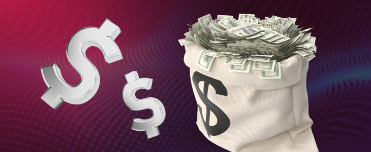 Bag filled with dollar bills next to large silver dollar symbols on a purple gradient background.