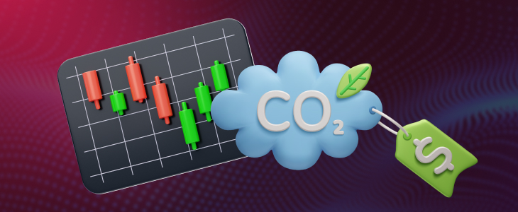 “3D illustration of a forex candlestick chart beside a CO₂ cloud icon with a dollar tag, representing carbon credit trading.”