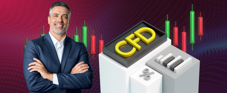 A confident trader standing next to a 3D CFD block and candlestick charts, representing forex and CFD trading on unified platforms.