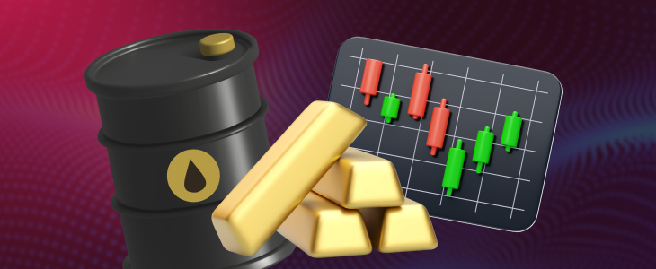 Illustration of oil barrels, gold bars, and a candlestick chart representing trading in commodities and forex on unified CFD platforms.